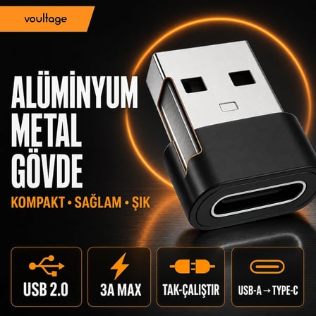 USB To Type-C Dönüştürücü/Çevirici, 3A Hızlı Şarj ve Veri Aktarımı, Otg, Mini Boy Siyah, İphone ve Dizüstü Bilgisayar Uyumlu Carplay, Android Auto Uyumlu