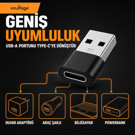 USB To Type-C Dönüştürücü/Çevirici, 3A Hızlı Şarj ve Veri Aktarımı, Otg, Mini Boy Siyah, İphone ve Dizüstü Bilgisayar Uyumlu Carplay, Android Auto Uyumlu