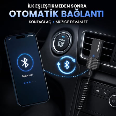 Bluetooth 5.4 Araç AUX Adaptörü, 3.5 mm Jack Araç Ses Kiti