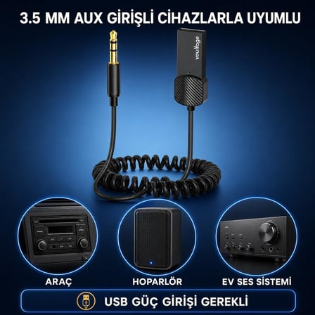 Bluetooth 5.4 Araç AUX Adaptörü, 3.5 mm Jack Araç Ses Kiti