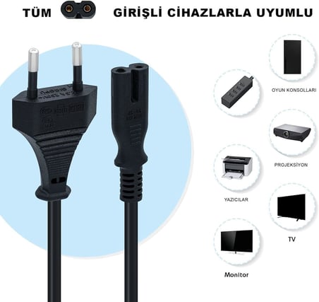 PS3 / PS4 / PS5 / XBox Series S-X Uyumlu Güç Kablosu 1.5 Metre 2Pin Güç Kablosu Projeksiyon - Monitör - Tv Universal 2Pin Güç Kablosu
