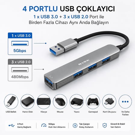 S-link SW-U333 USB Hub 4 Port Metal USB Çoklayıcı, 1x USB 3.0 + 3x USB 2.0, 5Gbps Hızlı Veri Aktarımı, Slim Alüminyum Tasarım, Tak Çalıştır USB Çoğaltıcı Hub, Laptop PC Uyumlu