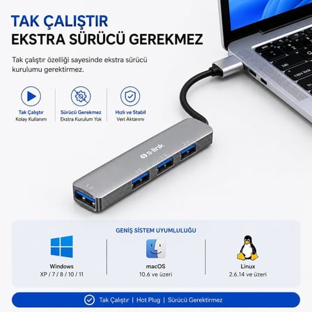 S-link SW-U333 USB Hub 4 Port Metal USB Çoklayıcı, 1x USB 3.0 + 3x USB 2.0, 5Gbps Hızlı Veri Aktarımı, Slim Alüminyum Tasarım, Tak Çalıştır USB Çoğaltıcı Hub, Laptop PC Uyumlu