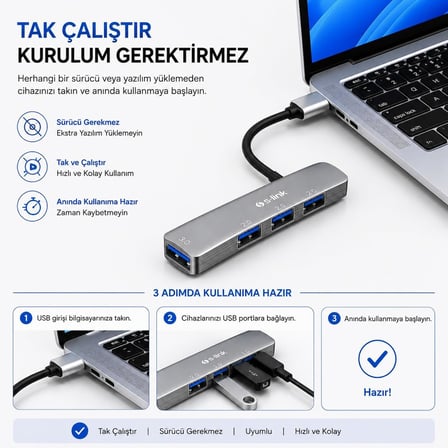 S-link SW-U333 USB Hub 4 Port Metal USB Çoklayıcı, 1x USB 3.0 + 3x USB 2.0, 5Gbps Hızlı Veri Aktarımı, Slim Alüminyum Tasarım, Tak Çalıştır USB Çoğaltıcı Hub, Laptop PC Uyumlu