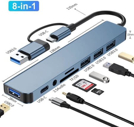 Çoklayıcı Adaptör 8 in 1 USB/Type-c To USB A, USB C Macbook uyumlu Çevirici Adaptör Çok Portlu Çoklayıcı 8in1 USB HUB Titanyum Renk BYL2218TU