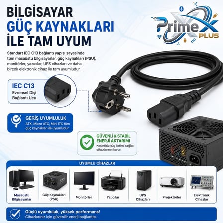 PrimeX PX-PWR15 1.5 Metre PC Power Supply Güç Kablosu, 3x0.75mm Full Bakır PSU Power Kablo, Bilgisayar Kasa Monitör Yazıcı UPS ve Uyumlu Elektronik Cihazlar İçin Standart Güç Kablosu