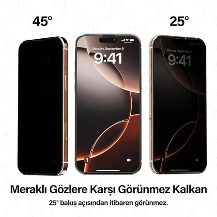 iPhone 17 Pro Max İle Uyumlu PREMIUM Gizlilik (Privacy) Ekran Koruyucu 45° Hayalet Görünüm, Kolay Kurulum Hizalama Aparatlı, Darbelere Karşı Ekstra Güçlü ve Toz Bırakmayan Temperli Cam