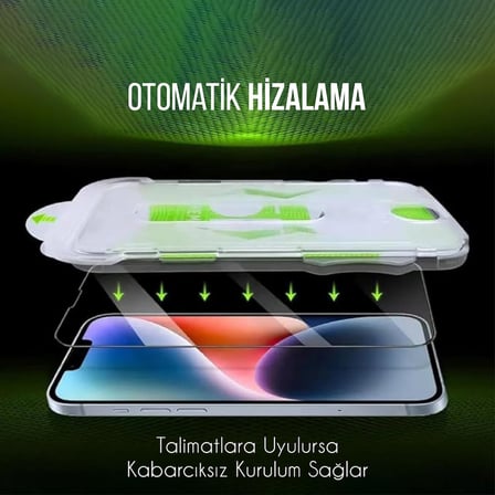 iPhone 17e / iPhone 16e / iPhone 14 / iPhone 13 / iPhone 13 Pro İle Uyumlu Ekran Koruyucu Hizalama Aparatlı Takılırken Camın Altında Kesinlikle Toz Bırakmayan Temperli Kırılmaz Cam Koruma