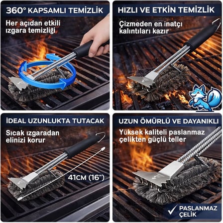 Paslanmaz Çelik Izgara Mangal Temizleme Fırçası | Kazıyıcılı, 360º Kapsamlı, 3 Başlı, Ergonomik Tutacaklı Barbekü Fırçası
