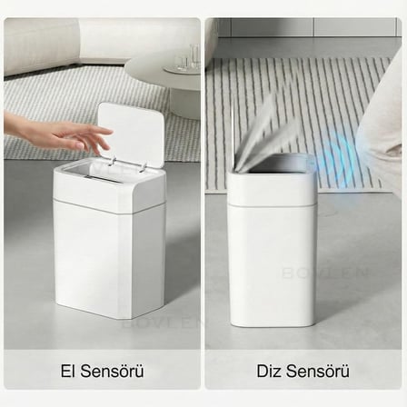Otomatik Hareket Sensörlü Çöp Kovası, Banyo Çöp Kovası, Çocuk Odası Çöp Sepeti, Çöp Kutusu, (2 adet 1.5 V AA pil, piller pakete dahil değildir) 12 Litre - 23.5x17.5x31.8 cm