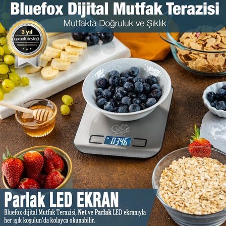 Dijital Mutfak Terazisi - Paslanmaz Çelik Yüzeyli Hassas Mutfak Tartısı - Dara İşlevi, LED Ekran, 5 Birim Dönüştürme ve Otomatik Kapanma Özellikli - 5 kg Tartı Kapasitesi