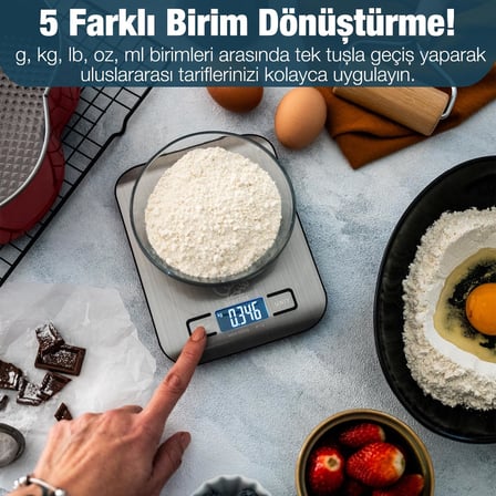 Dijital Mutfak Terazisi - Paslanmaz Çelik Yüzeyli Hassas Mutfak Tartısı - Dara İşlevi, LED Ekran, 5 Birim Dönüştürme ve Otomatik Kapanma Özellikli - 5 kg Tartı Kapasitesi