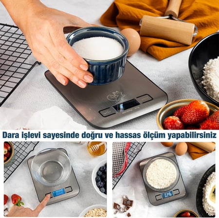 Dijital Mutfak Terazisi - Paslanmaz Çelik Yüzeyli Hassas Mutfak Tartısı - Dara İşlevi, LED Ekran, 5 Birim Dönüştürme ve Otomatik Kapanma Özellikli - 5 kg Tartı Kapasitesi