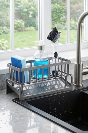 Lavabo Organizeri Tezgah Üstü ABS Plastik Mutfak Organizer Banyo Düzenleyici Evye Üstü Süngerlik Sabunluk Organizer Su Hazneli Gri Raf (Metalik Gri)