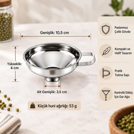 Paslanmaz Çelik Huni, Saplı Geniş Ağızlı Mutfak Hunisi, Kavanoz ve Şişe Dolum Aparatı, Yağ, Bal, Sos, Un ve Bakliyat İçin Çok Amaçlı Metal Huni, (1 adet) HUN-01 1 ADET