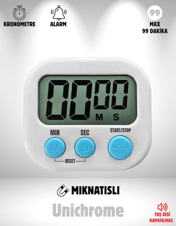 Beyaz Renk Dijital Ekranlı Alarmlı Mıknatıslı Mutfak Zamanlayıcı