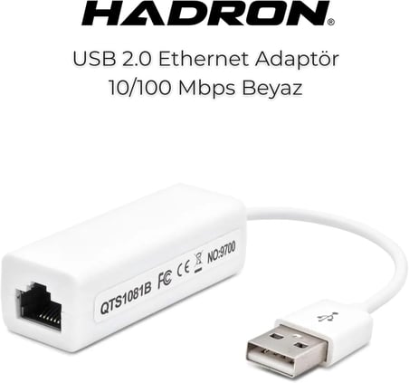 Ethernet Adaptörü 10/100 Mbps - RJ45 Kablolu İnternet Dönüştürücü, Bilgisayar ve Laptop Uyumlu Lan Ağ Kartı, Beyaz