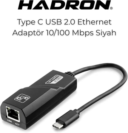 Type-C USB Ethernet Adaptörü 10/100 Mbps - RJ45 Kablolu İnternet Dönüştürücü, Laptop, Tablet, Telefon ve Bilgisayar Uyumlu, Siyah