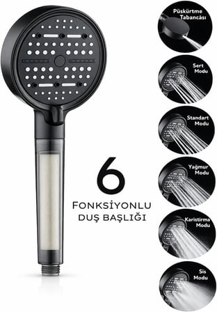 6 Fonksiyonlu Filtreli Duş Başlığı Yüksek Basınçlı Su Tasarruflu Filtre Sistemli Kireç ve Klor Önleyici Duş Başlığı