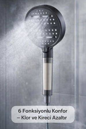 6 Fonksiyonlu Filtreli Duş Başlığı Yüksek Basınçlı Su Tasarruflu Filtre Sistemli Kireç ve Klor Önleyici Duş Başlığı