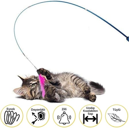 Kedi Oltası Teleskopik Tüylü ve Çanlı Boyu Ayarlanabilir Elastik Eğlenceli Peluş Kedi Oyun Oltası KALİTELİ