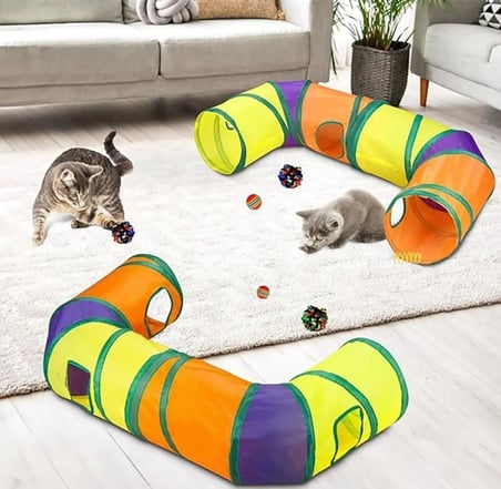 Gökkuşağı Renkli Katlanır Kedi ve Köpek Oyun Tüneli, Uzun Eğlenceli Evcil Hayvan Oyuncak Tüneli (L Şeklinde)
