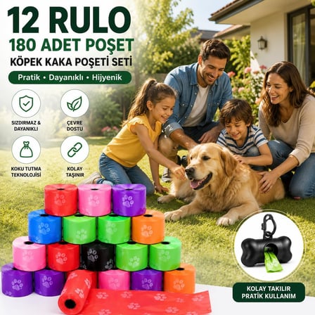 Köpek Kaka Poşeti Seti, 12 Rulo 180 Torba, Dayanıklı Ve Sızdırmaz Atık Torbaları,  Köpek Dışkı Toplama Poşeti, Evcil Hayvan Tuvalet Temizlik Çözümü