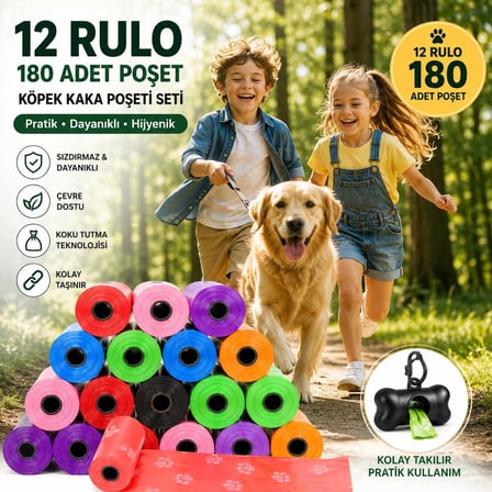 Köpek Kaka Poşeti Seti, 12 Rulo 180 Torba, Dayanıklı Ve Sızdırmaz Atık Torbaları,  Köpek Dışkı Toplama Poşeti, Evcil Hayvan Tuvalet Temizlik Çözümü