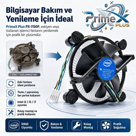 PrimeX PX-1150P Intel İşlemci Fanı, i3 i5 i7 Uyumlu CPU Soğutucu Fan, LGA775 1156 1155 1150 1151 1200 1700 Pin İşlemci Soğutucu, E97379-003 Intel Fan