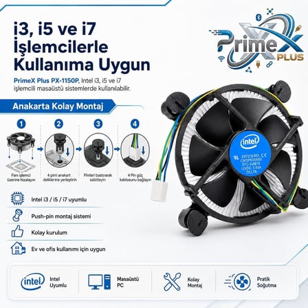 PrimeX PX-1150P Intel İşlemci Fanı, i3 i5 i7 Uyumlu CPU Soğutucu Fan, LGA775 1156 1155 1150 1151 1200 1700 Pin İşlemci Soğutucu, E97379-003 Intel Fan