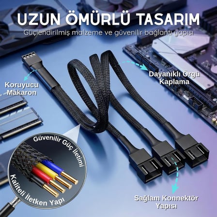 4 Pin Fan Çoklayıcı Y Kablo - 1’den 3’e Splitter - 1x 4-Pin + 2x 3-Pin Çıkış - 4 Pin PWM / 3 Pin DC Uyumlu - 26 cm