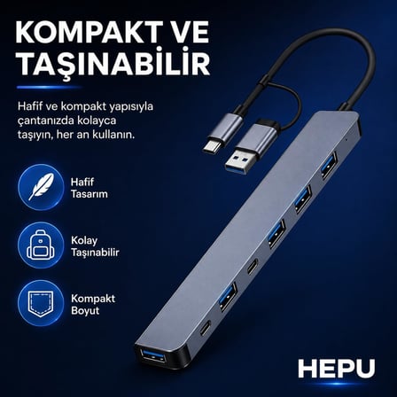 HP-B03 5-in-1 USB 3.0 HUB – 5 Portlu Çoklayıcı + Type-C ve USB-A Girişli + Alüminyum Gövde