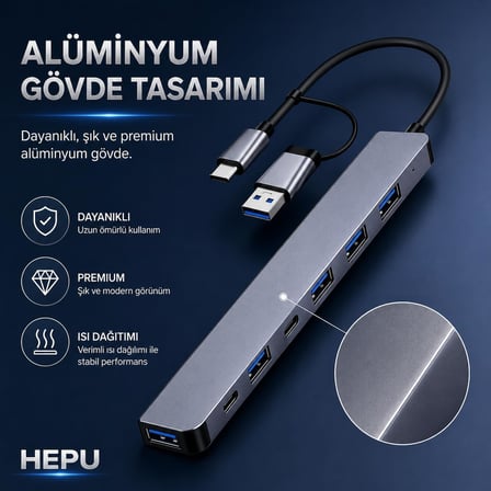 HP-B03 5-in-1 USB 3.0 HUB – 5 Portlu Çoklayıcı + Type-C ve USB-A Girişli + Alüminyum Gövde