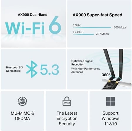 Archer TX10E | AX900 Wi-Fi 6 Bluetooth 5.3 PCIe Adaptör | 887 Mbps Çift Bant Hız | MU-MIMO & OFDMA | Çift Harici Anten | WPA3 Güvenlik | Masaüstü PC Dahili Ağ Kartı