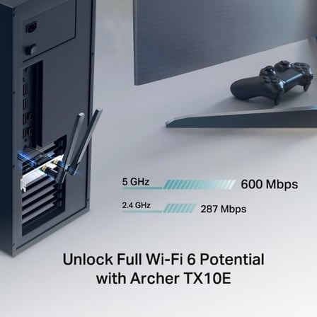 Archer TX10E | AX900 Wi-Fi 6 Bluetooth 5.3 PCIe Adaptör | 887 Mbps Çift Bant Hız | MU-MIMO & OFDMA | Çift Harici Anten | WPA3 Güvenlik | Masaüstü PC Dahili Ağ Kartı