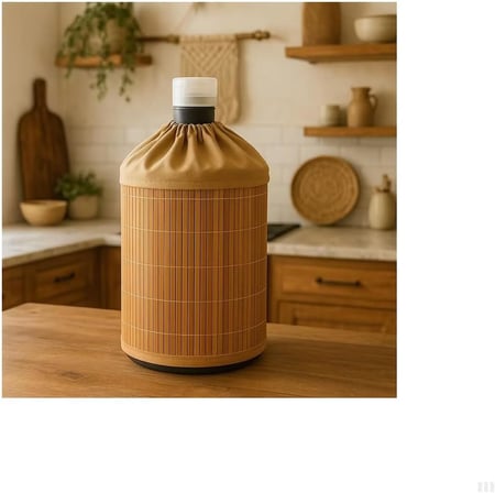 Bambu Su Sebili Damacana Kılıfı – Dekoratif, Toz ve Güneş Koruyucu, Doğal Bambu Kaplama, Kumaş Büzgülü Üst Kapak, 19 L Damacana Uyumlu