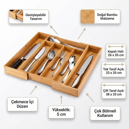 7 Bölmeli Bambu Kaşıklık Antibakteriel Çekmece içi Düzenleyici Organizer