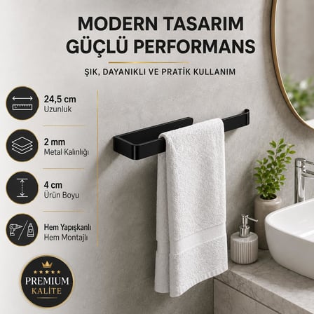 Lamalı Siyah Yapışkanlı Lüks Tasarım Solo Peçetelik, Metal Havluluk, Hem Yapışkanlı Hem Vidalı Montajlı, Banyo ve Mutfak İçin Modern Duvar Havlu Askısı