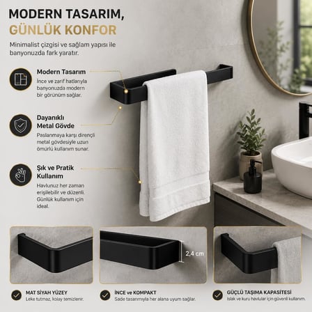 Lamalı Siyah Yapışkanlı Lüks Tasarım Solo Peçetelik, Metal Havluluk, Hem Yapışkanlı Hem Vidalı Montajlı, Banyo ve Mutfak İçin Modern Duvar Havlu Askısı