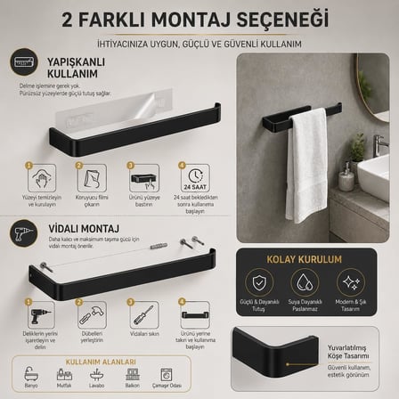 Lamalı Siyah Yapışkanlı Lüks Tasarım Solo Peçetelik, Metal Havluluk, Hem Yapışkanlı Hem Vidalı Montajlı, Banyo ve Mutfak İçin Modern Duvar Havlu Askısı