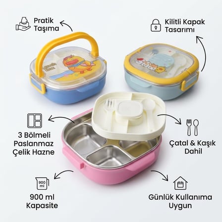 700 ml Paslanmaz Çelik Yemek Kabı, 3 Bölmeli Kilitli Lunch Box, Çatal Kaşık Dahil Renkli Desenli Saklama ve Taşıma Kabı