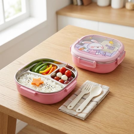 700 ml Paslanmaz Çelik Yemek Kabı, 3 Bölmeli Kilitli Lunch Box, Çatal Kaşık Dahil Renkli Desenli Saklama ve Taşıma Kabı
