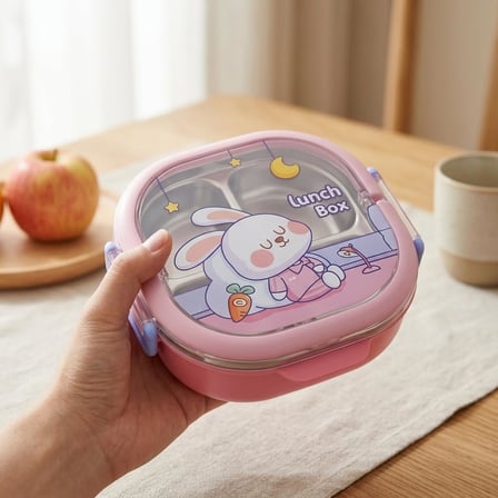 700 ml Paslanmaz Çelik Yemek Kabı, 3 Bölmeli Kilitli Lunch Box, Çatal Kaşık Dahil Renkli Desenli Saklama ve Taşıma Kabı