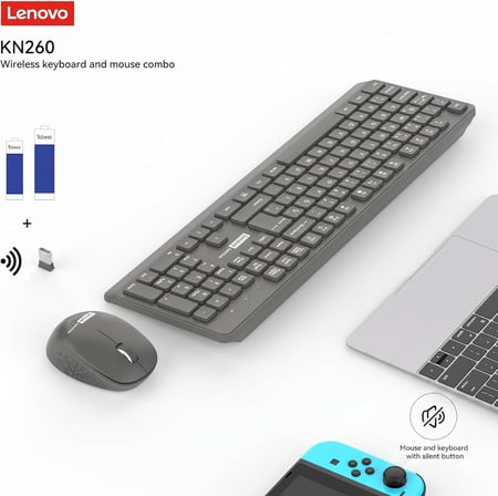 KN260 Sessiz Kablosuz Klavye Mouse Seti - Koyu Gri, 2.4GHz Wireless, Mini Tek USB Alıcı (Wireless Silent Keyboard & Mouse Set)