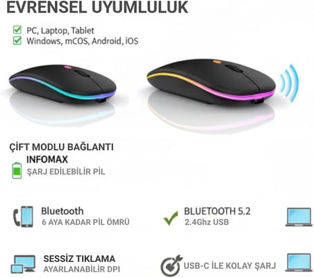 Kablosuz Mouse, Çift Modlu (Bluetooth 5.0 + 2.4Ghz USB) Şarj Edilebilir RGB Işıklı Sessiz Mouse, PC, Laptop, Macbook, Tablet, iPad, Telefon Uyumlu (BGMS, Siyah)