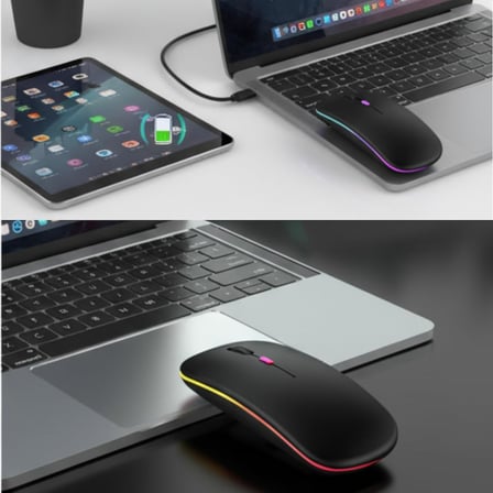 Kablosuz Mouse, Çift Modlu (Bluetooth 5.0 + 2.4Ghz USB) Şarj Edilebilir RGB Işıklı Sessiz Mouse, PC, Laptop, Macbook, Tablet, iPad, Telefon Uyumlu (BGMS, Siyah)