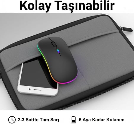 Kablosuz Mouse, Çift Modlu (Bluetooth 5.0 + 2.4Ghz USB) Şarj Edilebilir RGB Işıklı Sessiz Mouse, PC, Laptop, Macbook, Tablet, iPad, Telefon Uyumlu (BGMS, Siyah)