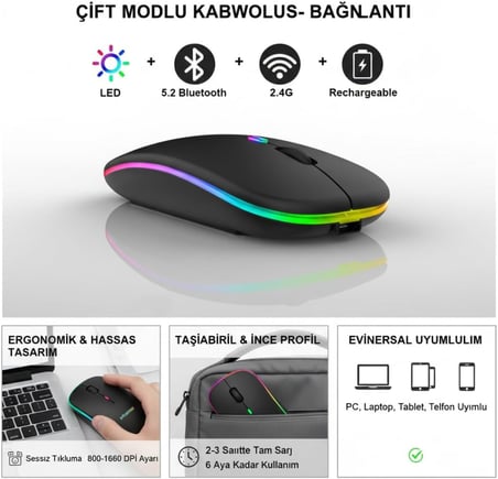 Kablosuz Mouse, Çift Modlu (Bluetooth 5.0 + 2.4Ghz USB) Şarj Edilebilir RGB Işıklı Sessiz Mouse, PC, Laptop, Macbook, Tablet, iPad, Telefon Uyumlu (BGMS, Siyah)