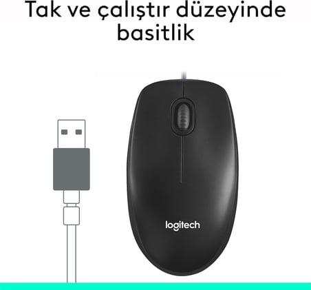 M100 USB Kablolu Mouse, PC, Mac, Dizüstü Bilgisayar ile Uyumlu, 1000 DPI Optik İzleme, Sağ ve Sol Elle Kullanıma Uygun, Siyah