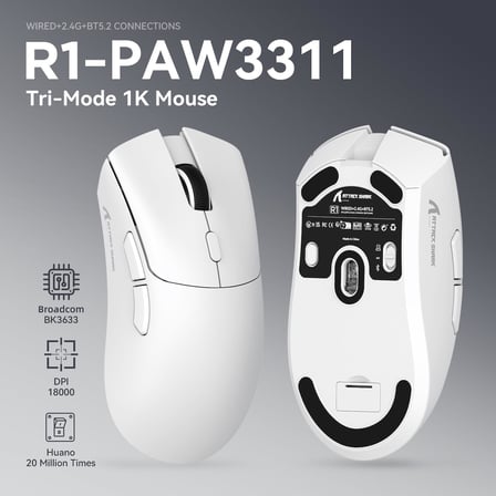 R1 59g SUPERLIGHT Fare, PixArt PAW3311 Oyun Sensörü, BT/2.4G Kablosuz/Kablolu Oyun Faresi, 18000'e kadar 6 Ayarlanabilir DPI, 65 Saat Pil (Beyaz)